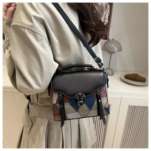 Detail showing high-quality color block leather texture and metal clasp on crossbody bag