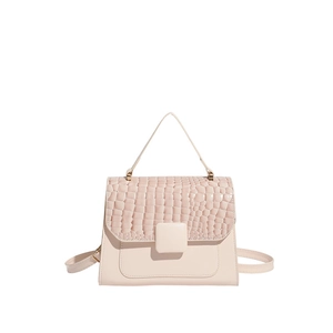 Minimalist cream beige flap crossbody bag with textured croc pattern and top handle