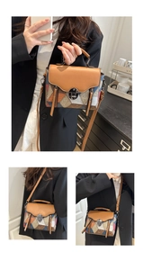 Detailed views of multi-colored geometric patchwork handbag with silver clasp and strap