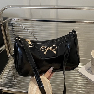 Women Patent Leather Bow Underarm Bag Shiny Synthetic Leather Shoulder Bag Retro French Style Sweet Baguette Bag Handbag