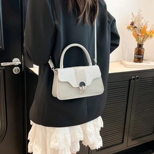 Chic beige crossbody box bag for women with glitter texture and metal swivel lock