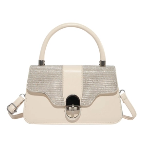 Off-white hardshell box bag with rhinestone embellishments and silver metal clasp