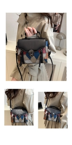 Macro detail of multi-color leather patchwork and vintage metal clasp on a handbag