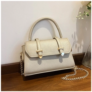 Gros plan sur le sac bandoulière champagne doré avec texture grainée et chaîne en métal