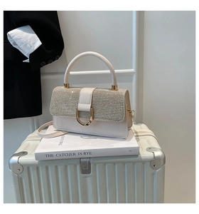 Detail of cream crossbody bag with glitter flap and gold horseshoe buckle on book