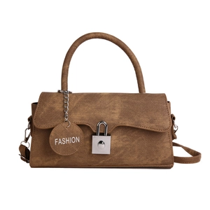 Retro brown crossbody bag with vintage texture, metal buckle and fashion charm