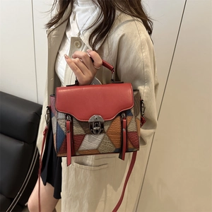 Chic women's patchwork leather shoulder bag with vintage multicolor geometric patterns