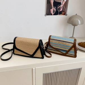 Chic woven straw crossbody bags with V-shaped leather flap in natural and striped colors