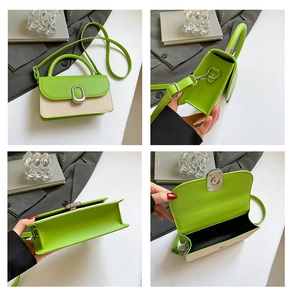 Vue détaillée du mini sac contrasté en cuir vert et toile avec fermoir argenté
