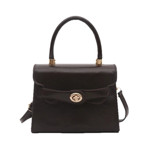 Classic dark brown trapezoid handbag with gold metal clasp and top handle for women