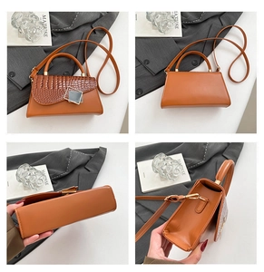 Detail shots of brown crocodile-embossed leather handbag showing texture and metal clasp