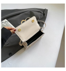 Interior detail of a cream square handbag featuring a gold magnetic closure and black lining