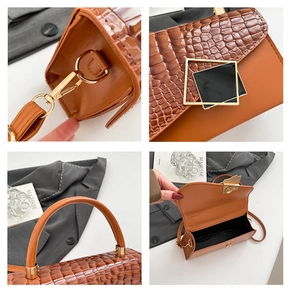 Close-up detail of crocodile texture, golden buckles and interior of the square bag