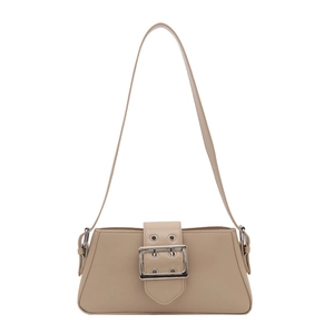 Light khaki baguette bag with large silver buckle and adjustable shoulder strap