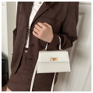 Gros plan du mini sac blanc à texture tissée avec fermoir doré porté par un modèle