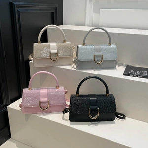 Women's Fashion Luxury Glitter Patchwork Handbag Urban Minimalist Synthetic Leather Square Shoulder Crossbody Bag With Metallic Buckle