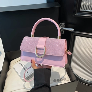 Pink sequin square handbag with golden D-clasp, stylish luxury tote with crossbody strap
