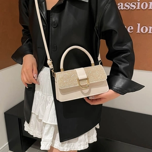 Fashionable beige sequined crossbody bag with gold D-buckle and adjustable strap for women