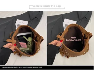 Internal view of the brown fringe bucket bag showing storage space for phone and keys