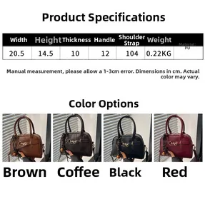 Detailed size chart and four color variants of the vintage PU leather handbag for women