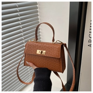 Détail du sac à main marron à texture crocodile avec fermoir rotatif doré élégant
