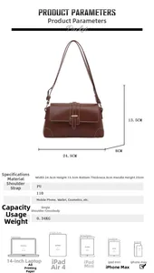 Tabella taglie dettagliata della borsa baguette in pelle PU marrone 24,5x13,5x8 cm