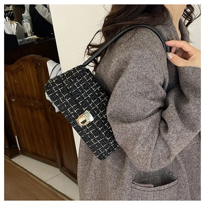 Elegant black and gold tweed underarm bag with metal lock shown on a model side view