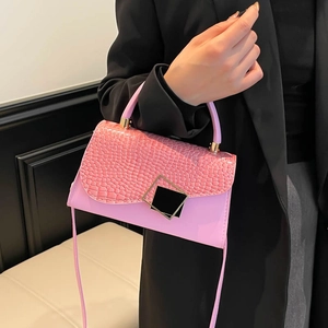 Pink faux crocodile leather shoulder bag with metallic square buckle and top handle strap