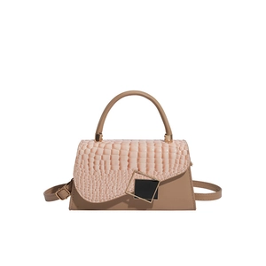 Minimalist brown and beige crocodile texture handbag with gold hardware for women