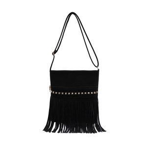 Retro black fringe bucket bag with golden pyramid studs and adjustable shoulder strap