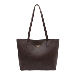 Minimalist deep brown tote bag in vintage faux leather with gold fashion lettering