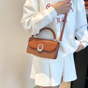 Petit sac carré bicolore en cuir patchwork marron avec une boucle métallique argentée