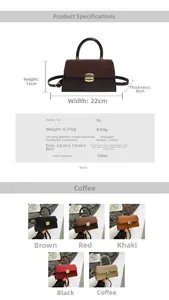 Detailed size specifications and five color variants of the PU leather handbag