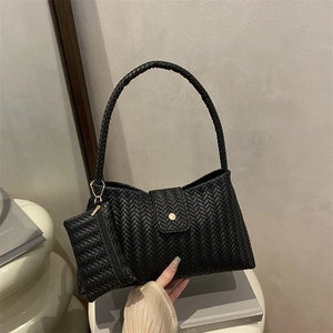 Women Woven Underarm Bag Retro Casual Nylon Braided Shoulder Bag With Small Pouch Simple Commuter Solid Color Handbag
