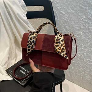 Women Fashion Leopard Scarf Handle Handbag Synthetic Leather Contrast Color Small Square Crossbody Shoulder Bag For Commute