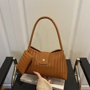 Brown woven texture underarm shoulder bag with small zipper pouch and metal buckle