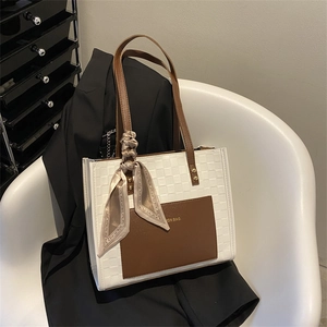 Elegant Faux Leather Tote Bag For Women With Silk Scarf Decoration Grid Embossed Large Capacity Shoulder Bag Office Commuter Handbag