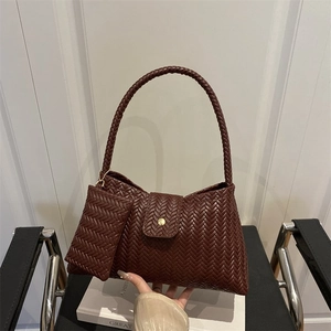 Retro dark brown woven hobo bag for women with matching mini zipper pouch accessory