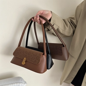 Vintage Leopard Print Stitching Fabric Underarm Bag For Women Retro French Style Shoulder Bag Fashion Commute Handbag