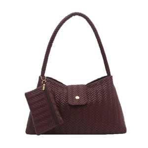 Burgundy woven shoulder bag set with matching coin purse and retro minimalist design