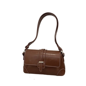 Borsa baguette marrone retrò in pelle con cuciture a contrasto e fibbia metallica