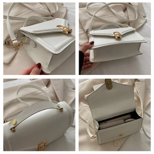Detailed views of a white PU leather handbag featuring a golden oval lock and interior space