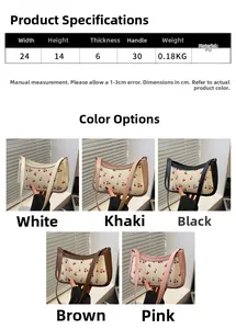 Detailed size chart and multi-color options for cherry print PU leather shoulder bag
