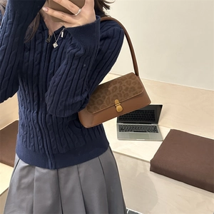 Vintage brown leopard print shoulder bag with gold clasp shown in a lifestyle setting