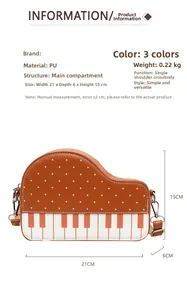 Detailed size specifications and side view of piano-themed brown PU leather crossbody bag