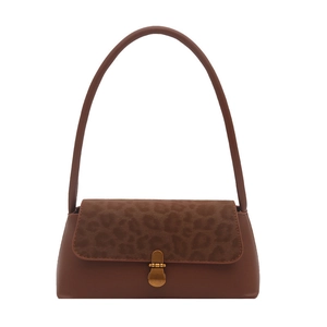 Retro brown leather underarm bag with leopard print flap and gold clasp on white background