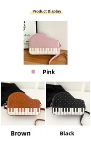 Detail view of piano-style crossbody bags in pink, brown and black with white polka dots