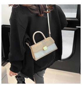 Close-up of stylish contrast color crossbody bag featuring gold twist lock on a model