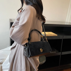 Chic black suede and leather patchwork square bag with golden buckle for women
