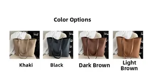 Detail view of large tote bags in khaki, black, and brown leather with gold logo accents